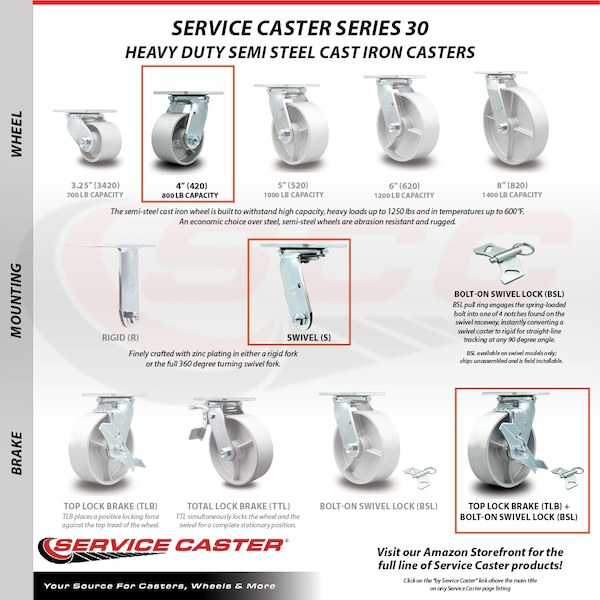 4 Inch Semi Steel Caster Set with Ball Bearings and Brake/Swivel Lock SCC